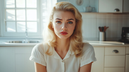 A retro vintage style housewife or tradwife, cinematic lighting in a vintage kitchen setting. She appears sad and isolated. Wide landscape format 16:9 with copy space