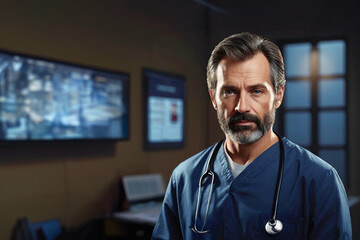 Portrait of a male doctor in a medical gown, looking at the camera on a background of a clinic, close-up. AI generated. Copy space