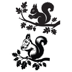 A white background illustration of a squirrel silhouette holding an acorn.