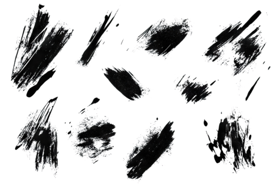 Set of black abstract brush strokes, isolated on transparent cutout background - Powered by Adobe