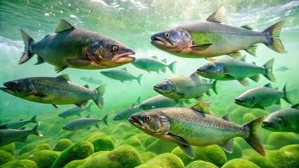 School of salmon swimming in the background with a layer of algae slime coating their bodies, school, background, aquatic environment, underwater scene, slime coat
