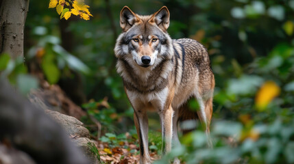 Fototapeta premium grey wolf stands alert in lush forest, surrounded by vibrant green foliage and autumn leaves, creating serene and natural atmosphere