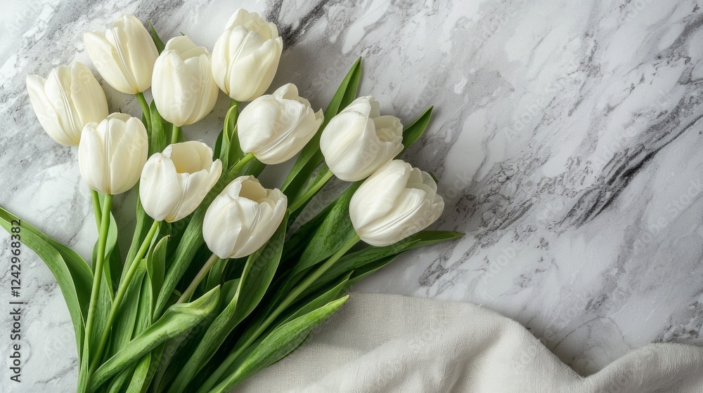 Poster delicate white tulips are meticulously arranged on a smooth marble surface, complemented by a soft l