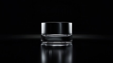 Black and white photograph of a small glass jar with a black lid. the jar is placed on a reflective surface, creating a mirror-like effect.