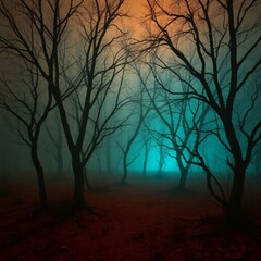 Obraz premium Mysterious forest shrouded in fog with glowing light in the distance during twilight