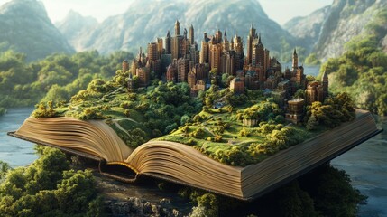 A fantastical moment as a book opens, and 3D meadows, cities, and rolling hills rise from the pages 