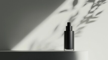 Fototapeta premium Black and white photograph of a spray bottle on a white surface. the bottle is cylindrical in shape with a black cap and a transparent body.
