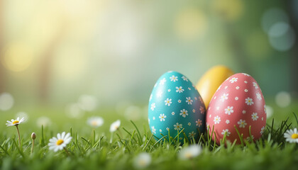 Colorful Easter eggs with floral patterns on green grass