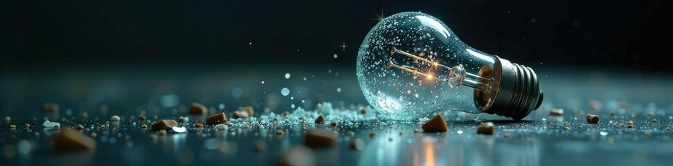 Shattered glass on floor with broken light bulb, accident, fall