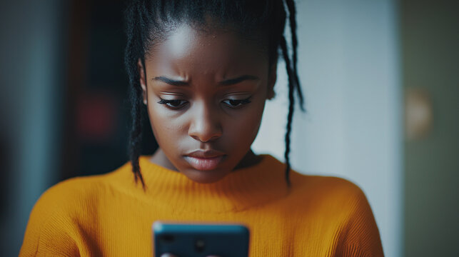 A young black woman looks at her cell or mobile with a look of concern, the victim of revenge porn, blackmail, hate crime or online fraud, 16:9 landscape format with copy space