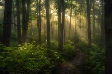 Obraz premium Ethereal Misty Morning in a Dense Forest Illuminated by Gentle Sunlight