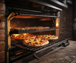 Sizzling oven with baking pizzas, cheese melting, melting, cooking, baking