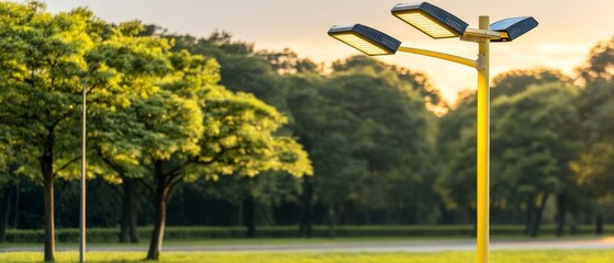 A modern solar streetlight stands in a park, surrounded by lush trees, illuminated by the warm glow of a sunset.