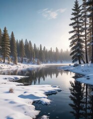 Snow-covered landscape with a frozen lake and pine trees in the background , serene, snow, snow-covered trees