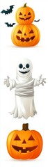 Spooky halloween decorations featuring pumpkins and ghosts festive theme graphic design whimsical style playful concept