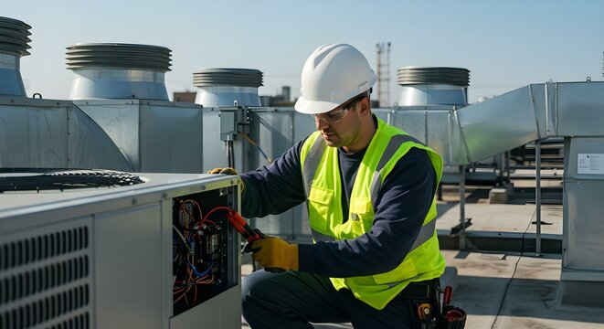 HVAC technician working on rooftop air conditioning unit with safety gear and tools
