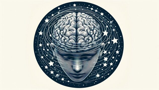 Big brain with stars and lines, concept of dizziness