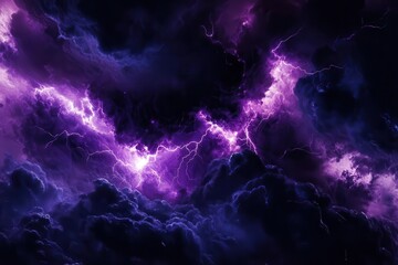 dramatic purple lightning bolts fracturing dark storm clouds, intense electrical discharge illuminating night sky, atmospheric drama