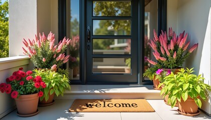 Welcome mat on stylish porch with vibrant plants, perfect for home decor inspiration