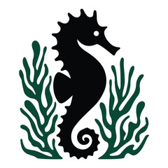 An illustration of a bold seahorse silhouette with elegant curves.