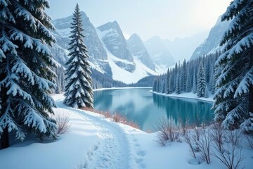 Fototapeta premium Snowy forest path winding around a frozen lake, mountain trail, winter forest
