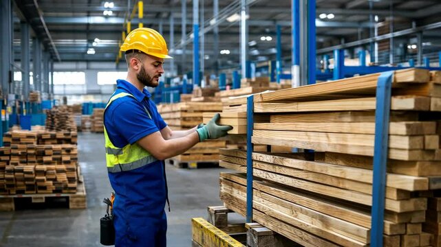 A worker in a yellow hard hat sorts and stacks wooden planks in a large warehouse filled with lumber during daylight hours