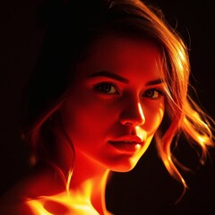 Stunning portrait of a woman with warm lighting showcasing her expressive features and captivating gaze