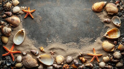 Fototapeta premium Seashells and Starfish on Sandy Beach: Summer Vacation, Ocean Coastline, Nature Photography