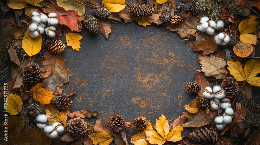 Poster autumn composition forming oval copy space on dark background