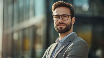 confident man with glasses stands outside modern office building, exuding professionalism