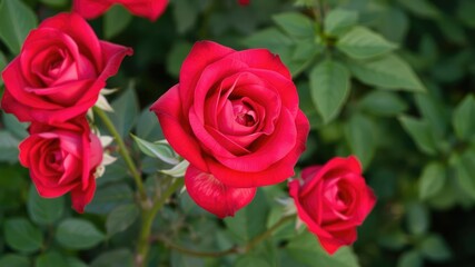 Obraz premium Soft petals of red roses against a natural greenery background, floral arrangement, floral background