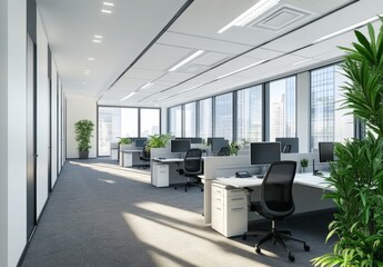 Fototapeta premium Modern office sunlight city view workspace design