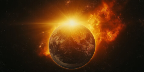 Fototapeta premium The Earth seen from space, with the sun's rays shining down on it.