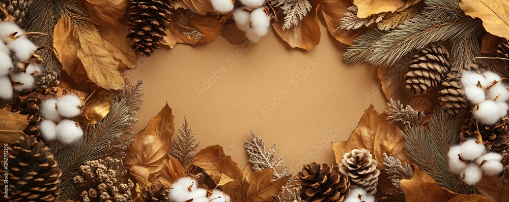 Poster autumn decoration creating copy space on brown background