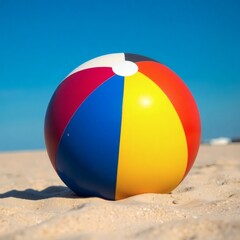 Colorful beach ball sits on sandy shore under bright blue sky during sunny day at the beach