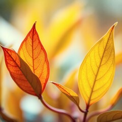 Naklejka premium Vibrant autumn leaves showcasing shades of orange and yellow against soft natural light