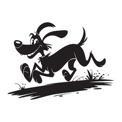 A playful dog silhouette in a running position. The dog has long ears and is running on a dirt path. The background is white. The illustration style is clean and simple