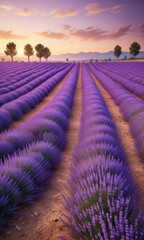 Obraz premium Softly glowing lavender fields stretch as far as the eye can see, morning light, serene scene, peaceful atmosphere