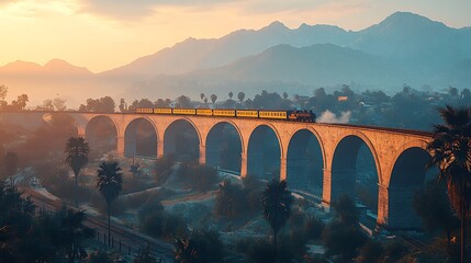 Train on Bridge at Sunset: A scenic view of a passenger train traversing a majestic stone bridge at sunset, with a breathtaking mountain range in the background.