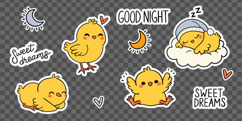 Cute Chick Stickers Set Kawaii Sleeping Baby Birds, Night Elements, and Hand-Drawn Text in Vector