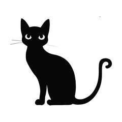 Fototapeta premium A clean and detailed silhouette of a sitting cat with an arched back. The cat is sitting on a wooden chair. The background is white. The image has a soft lighting