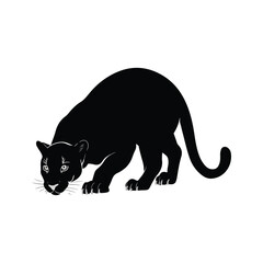 An illustration of a clean and silhouette of a panther crouching low. The panther is in a white background. The panther's body is curved,