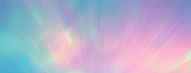 Obraz premium A holographic rainbow unicorn pastel purple pink teal colors abstract background. Optical crystal prism flare beams. Light flares. Soft pastel color gradient blurred background banner pattern.