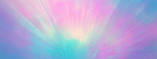 Obraz premium A holographic rainbow unicorn pastel purple pink teal colors abstract background. Optical crystal prism flare beams. Light flares. Soft pastel color gradient blurred background banner pattern.