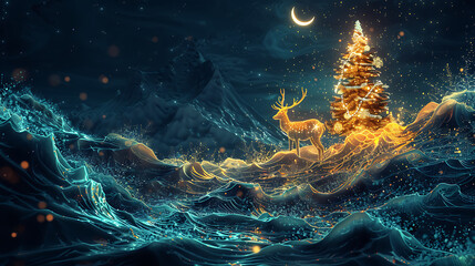 3d modern art mural wallpaper night landscape, white clouds with dark background. Golden Christmas tree, mountain, golden deer, light moon, golden and black waves. for wall decoration