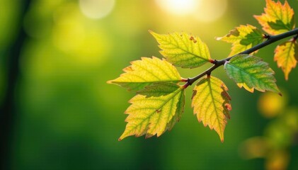 Obraz premium Spring leaves on a branch in the morning light, leaf morphology, foliage, spring leaves