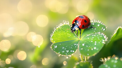 Obraz premium ladybug rests on clover leaf covered in morning dew drops, creating fresh and vibrant scene. sunlight enhances natural beauty of setting