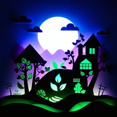 Creative paper cut art depicting a vibrant landscape with colorful houses and plants under a glowing moon