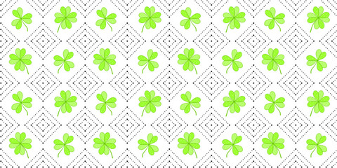 Green shamrocks and quatrefoils and black striped rhombuses of dots on a white background. Endless texture with clover leaves and geometric ornament. Vector seamless pattern for surface texture, print