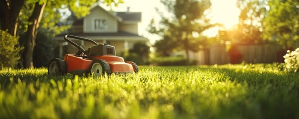 Red lawn mower cutting grass in sunny suburban backyard at sunset
